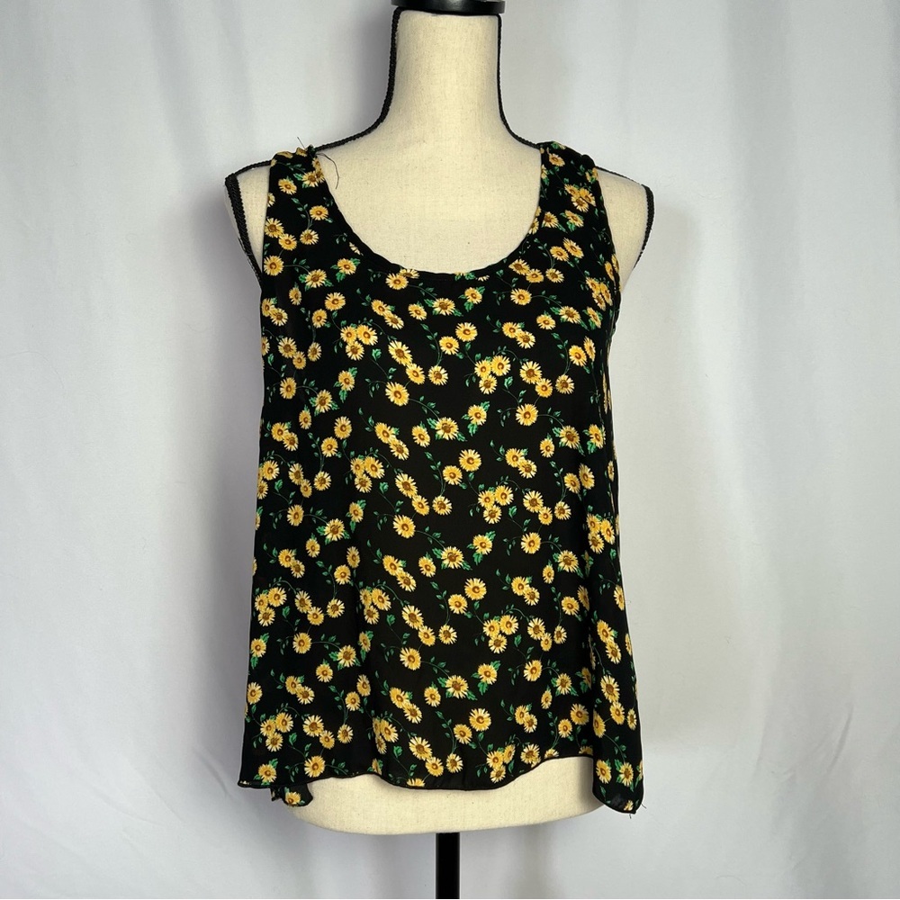 MINE Womens Large Yellow Floral Sleeveless Poly Blouse Top Bow Sheer Daisy